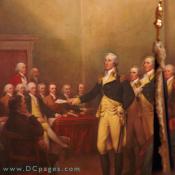 Painting of General George Washington holding the Declaration of Independence in the Untited States Continental Congress. 