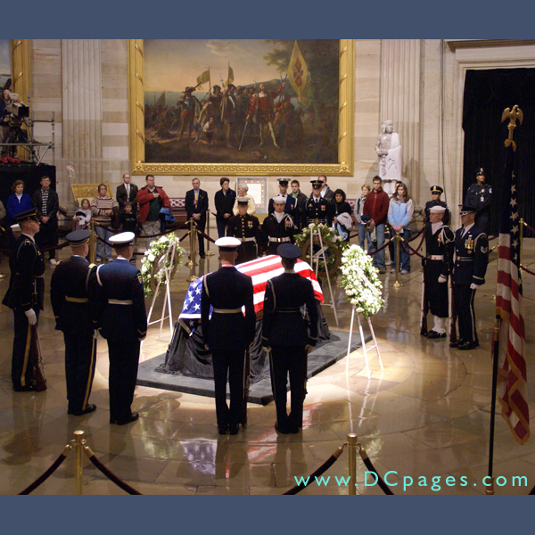 Ceremonial Guardsmen from all five braches of military service perform a Changing of the Guard ceremony as the casket of former President Gerald R. Ford lies in the Capitol Rotunda on Dec. 31, 2006. 
