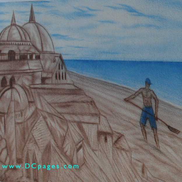 Ocean City - Restaurant entrance mural of man building a sandcastle. 