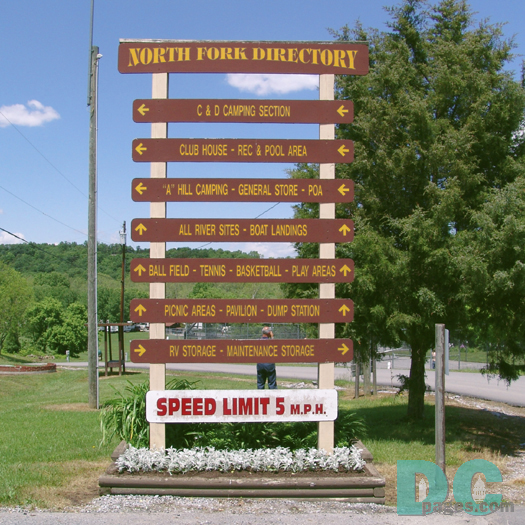 The North Fork Directory sign guides new campers to the many areas throughout the resort: camping, club house, pool, general store, boat landings, ball fields, tennis courts, basketball courts, play areas, picnic areas, pavilion, and storage facilities.