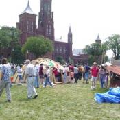 Smithsonian Castle looming over the Festival's display of Mailian architecture