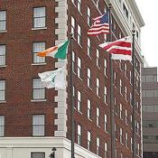 Irish Flags flutter in front of the Phoenix Park Hotel, the center of Washington DC Irish hospitality. 