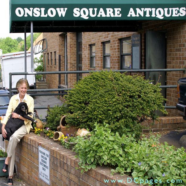 Onslow Square Antiques - Owner Sandra Ellington and her Cocker Spaniel: Chance. Celebrating 34 years as an International Antiques Dealer in Maryland, and 28 years in this location. Offering a large and diverse inventory of antique furniture, garden statuary, and decorative arts: all in 12,000 square feet