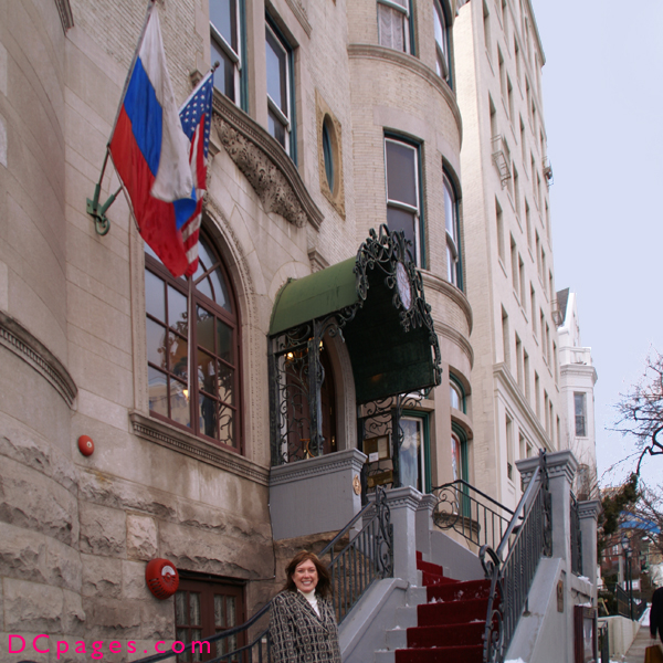 Russian and American flags mark the entrance to the Russia House lounge and Restaurant. 