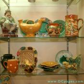 French country pottery and majolica Palissyware, jaspe, polka dots, and flowers abound.