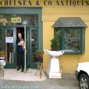 Chelsea and Co. Antiques - A front view of our very eclectic shop. You're see Virginia holding Nellie; to her right is an American Art Deco iron planter (in 3 piece).