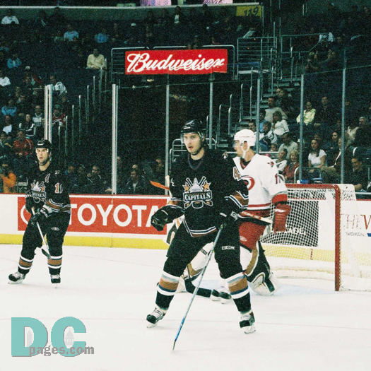 Capitals defenseman Steve Eminger patrols his end of the ice as the Caps kill off a Carolina powerplay.