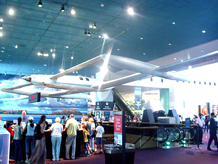 Rutan Voyager is a home built hybrid aircraft that is capable of flying around the world on a single tank of fuel.