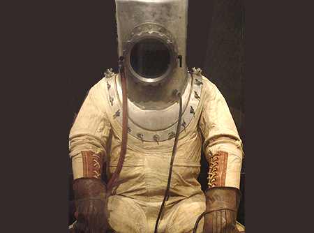 A deep sea diving suit, looks a little scary