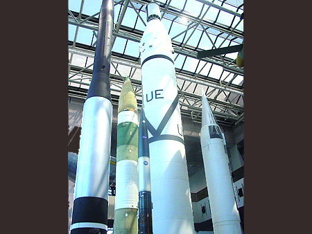 The Pershing-II and SS-20 missiles exhibited here are two of more than 2,600 nuclear missiles banned by the Intermediate-range Nuclear Forces (INF) Treaty, which was signed by the United States and the Soviet Union in December 1987.