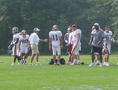 Spurrier talking things over with QB Patrick Ramsey and the rest of the offense.