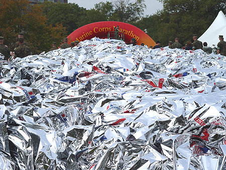 Over 20,000 space blankets were stacked in preparation for exhausted runners.