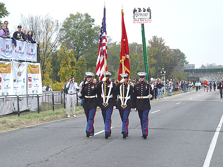 US Marines in the Dress Blue Uniform present colors before the race.