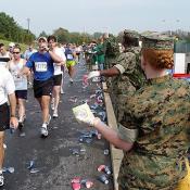 Many Marines helped pass out water to the runners of the 5K and the Marathon.