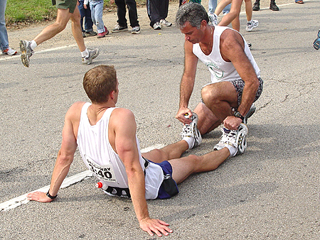 Stetching was a number one priority for Marathon runners.