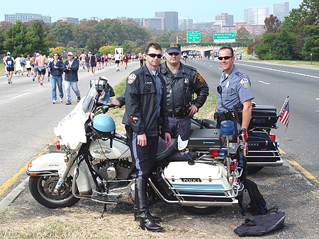 There was a lot of security at the Marine Corp Marathon. Three DC police officers take time to pose for a picture.