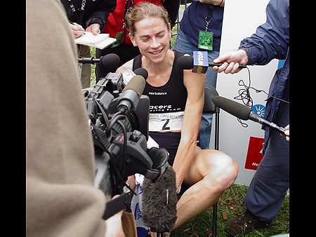 Hanscom sits after the Marathon while answering questions about how she prepared for the race.