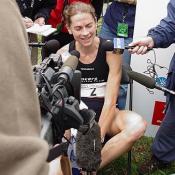 Hanscom sits after the Marathon while answering questions about how she prepared for the race.