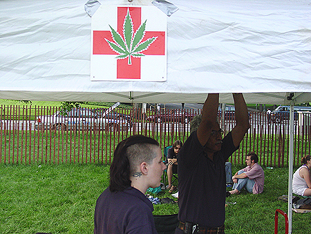 The First Aid Center for the Smoke-In, notice the Red Cross logo