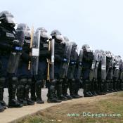 Virginia State Police in riot gear protecting entrance to Pentagon reservation.