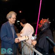 Voice of America reporter discusses with Darth Maul the fine art of using a double-bladed lightsaber.