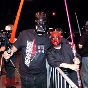 Darth Vader and Darth Maul take time out from destroying the galaxy to pose for the camera. 