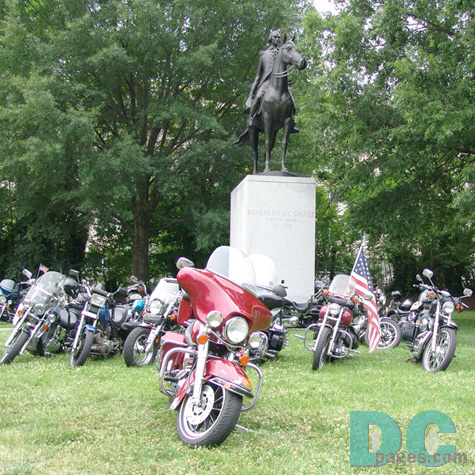 These motorcycles surround a statue of Bernardo De Galvez, who was Governor of Louisiana and Commander of the Spanish troops which defeated British forces in West and East Florida during the American Revolution.