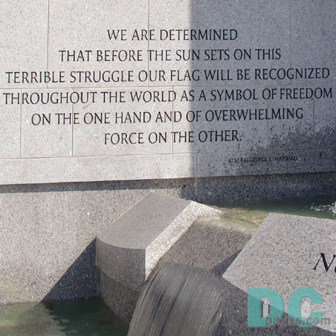 Dedication Stone - WE ARE DETERMINED THAT BEFORE THE SUN SETS ON THIS TERRIBLE STRUGGLE OUR FLAG WILL BE RECOGNIZED THROUGHOUT THE WORLD AS A SYMBOL OF FREEDOM ON THE ONE HAND AND OF OVERWHELMING FORCE ON THE OTHER. - General George C Marshall