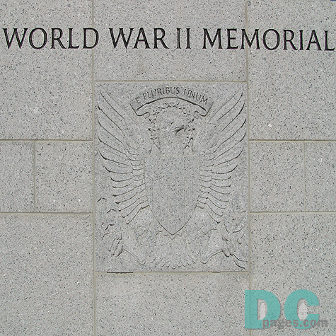 World War II Memorial dedication stone. E PLURIBUS UNUM - was chosen by the first Great Seal committee in 1776. The correct English translation is: Out of many, one. The message is carried by the American Eagle. Special thanks to Caroline Wolter and Peter Himler for making this gallery possible.