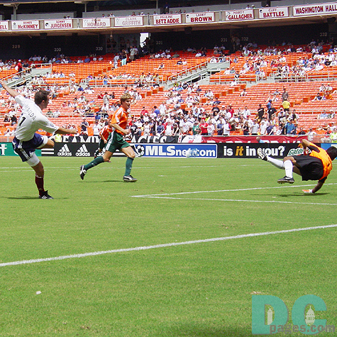 "GOAL----!!!" A great shot by No. 11 Wynalda found the net just in the penalty area of World Stars's goal. 
