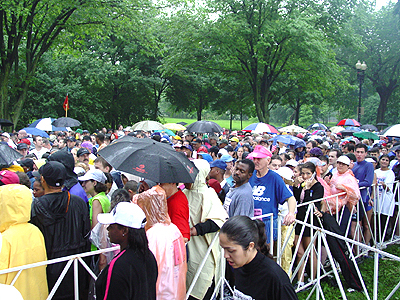 Crowded in the rain, runners patiently wait to begin the race