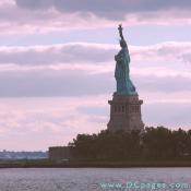 A telephoto view of the Statue of Liberty taken from Ellis Island.