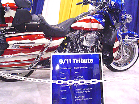 This Harley Davidson was painted in the stars and stripes specifically in tribute of the 9/11 tragedy.