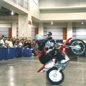 The audience was mystified at the endoes, wheelies, and stallies they performed before the Steel Ball demo.