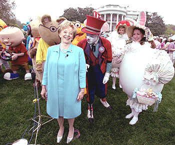 Accompanied by all sorts of story book characters, Lynne Cheney the host of the
2003 White House Easter Egg Roll