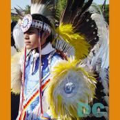 Young boy in feathered headdress marches in the Native Nations Procession