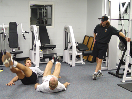 Always the best of teammates, Nylander and Zubrus work together for this exercise, which was created by Jim Fox.