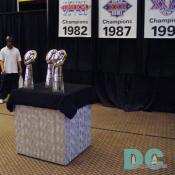 Three coveted Vince Lombardi Superbowl Championship trophies are displayed for a special public viewing.