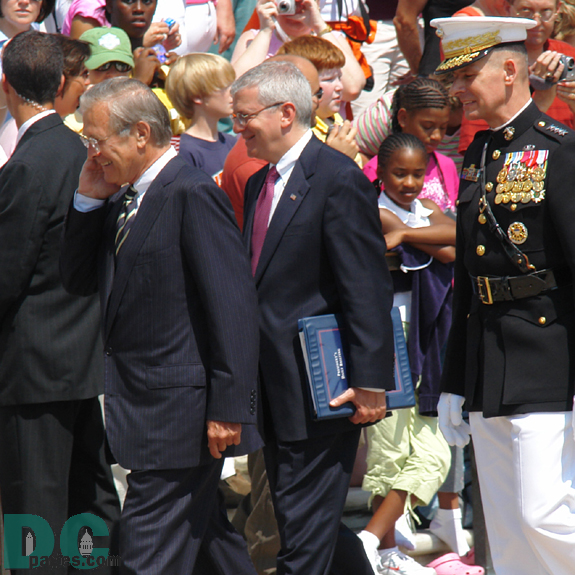 Department of Defense Secretary, Donald H. Rumsfeld and Joint Chiefs of Staff U.S. Marine Gen. Peter Pace enter the memorial grounds.