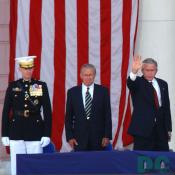 President George W. Bush waves to the audience gathered for Memorial Day ceremonies at Arlington National Cemetery 