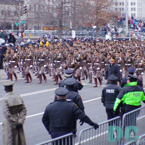The Fightin' Texas Aggie Band, two-time participants in the Inaugural Parade, is in traditional World War II style uniforms.