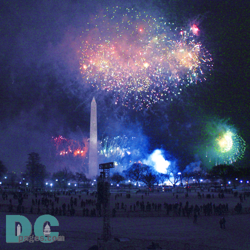 Fireworks explode around the Washington Monument on the eve of President Bush's inauguration