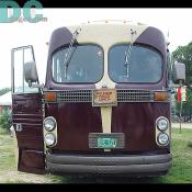 A restored bus, open for public viewing.