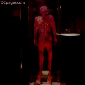 A red glowing siloutte of a man suspended in a glass case. This specimen went through a process called "corrosion casting": the arteries are injected with a red polymer that hardens. The remaining body tissue is chemically removed.  The cast effect is stunning. The circulatory system (or cardiovascular system) design looks simular to a delicate sea coral with capillary branches thinner than hair.