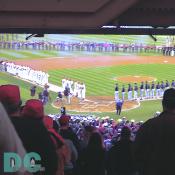 Washington Nationals' Inaugural Home Opener - Center Stand view of players from the Washington Nationals and the Arizona Diamondbacks standing along the baselines for the National Anthem.