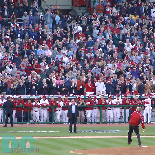 Washington Nationals' Inaugural Home Opener - Here's the windup! The President's pitch was a little high but at least it made it over the plate.