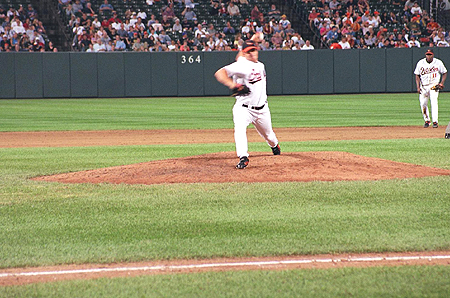 The Orioles pitcher throws a heater.