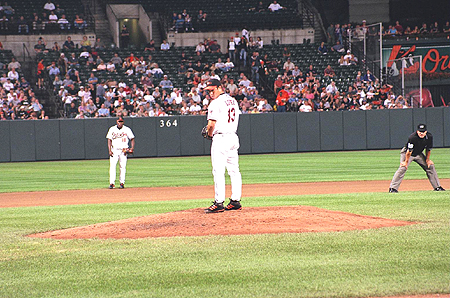 Right handed pitcher Rodrigo Lopez focuses before throwing the ball.