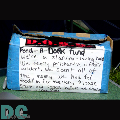 The majority of the Warped Tour bands spend the summer on a shoe-string buget.  As a result, many fund boxes, such as this one can be found at the each band's merchandise table.